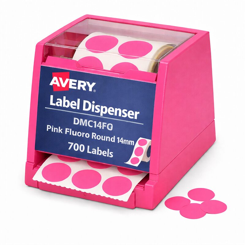 Avery Label Dispenser DMC14FP Pink Fluoro Round 14mm 700 Pack