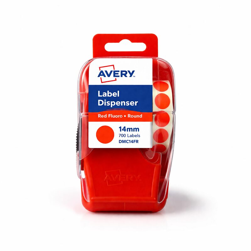 Avery Label Dispenser DMC14FR Red Fluoro Round 14mm 700 Pack
