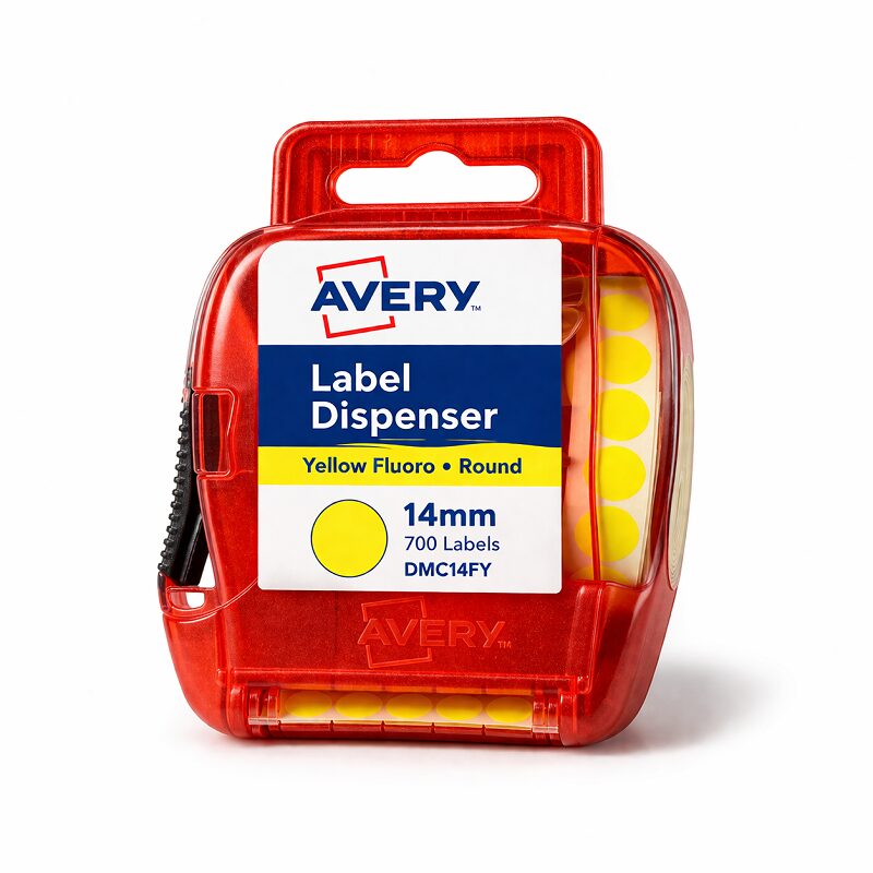 Avery Label Dispenser DMC14FY Yellow Fluoro Round 14mm 700 Pack