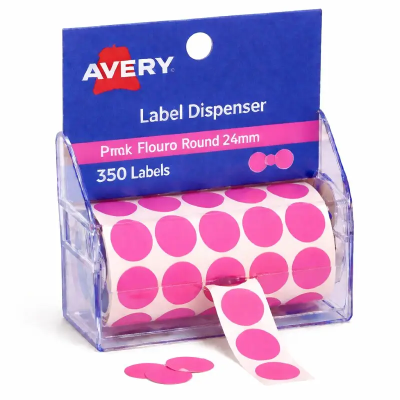 Avery Label Dispenser DMC24FP Pink Fluoro Round 24mm 350 Pack