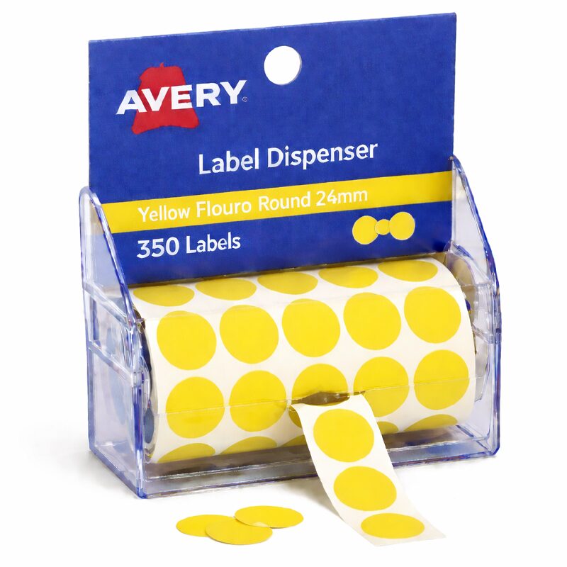 Avery Label Dispenser DMC24FY Yellow Fluoro Round 24mm 350Pack