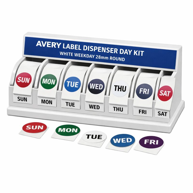 Avery Label Dispenser Day Kit White Weekday 24mm Round