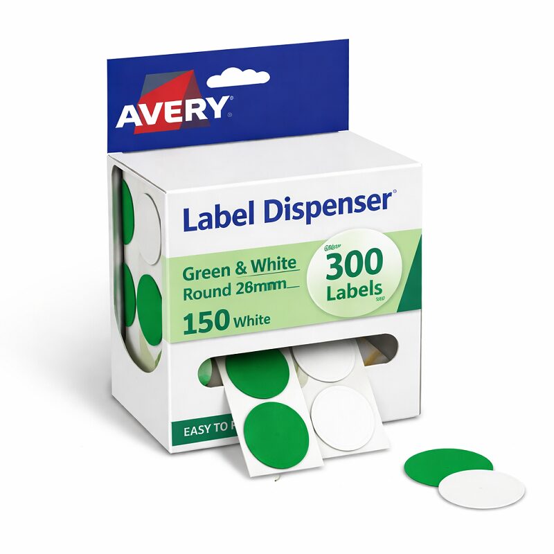 Avery Label Dispenser Green & White Round 24mm 300 Pack