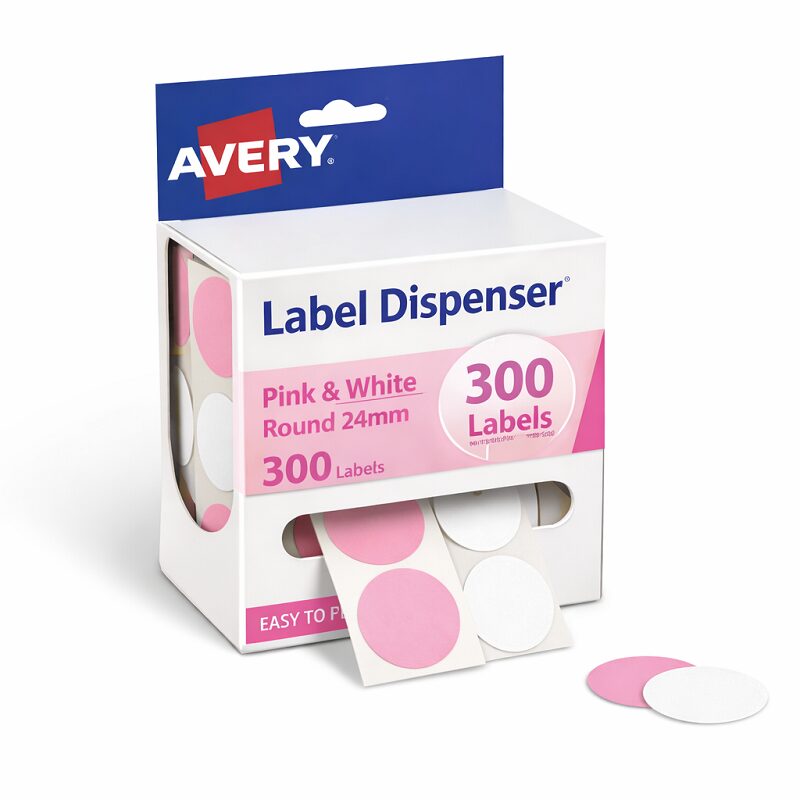 Avery Label Dispenser Pink & White Round 24mm 300 Pack