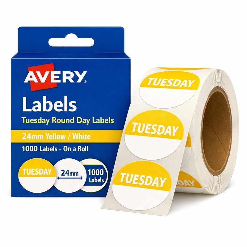 Avery Labels Tuesday Round Day 24mm Yellow White 1000 Roll