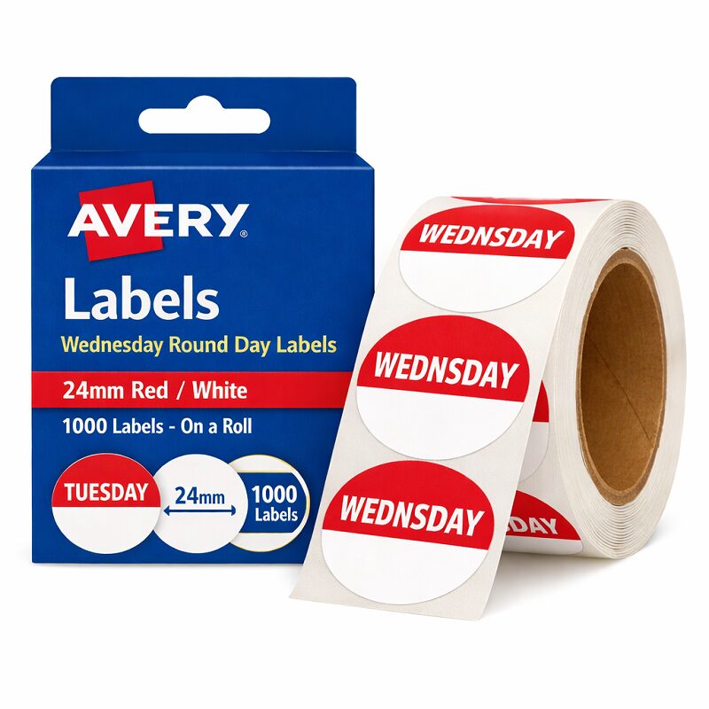 Avery Labels Wednesday Round Day 24mm Red White 1000 Roll