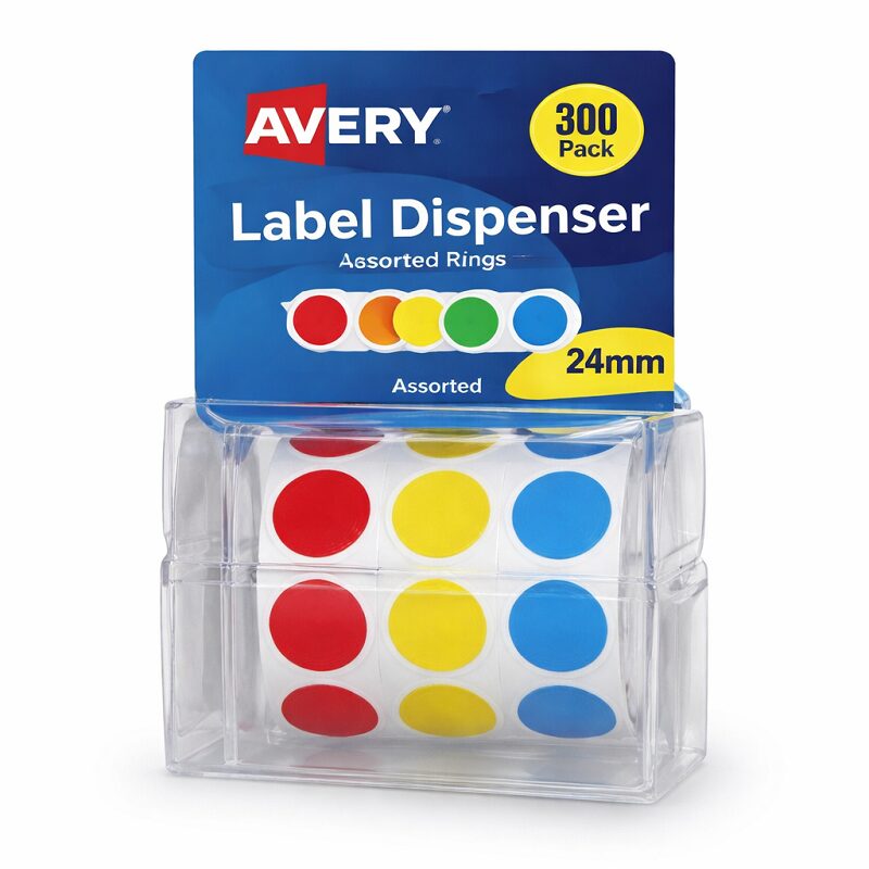 Avery Label Dispenser Assorted Rings Round 24mm 300 Pack