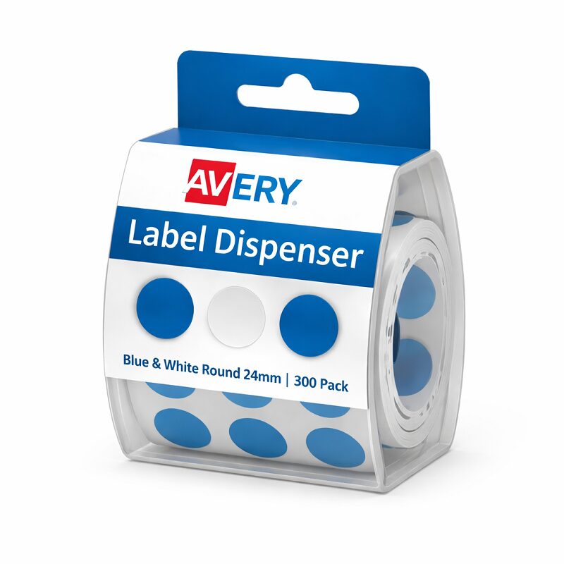 Avery Label Dispenser Blue & White Round 24mm 300 Pack
