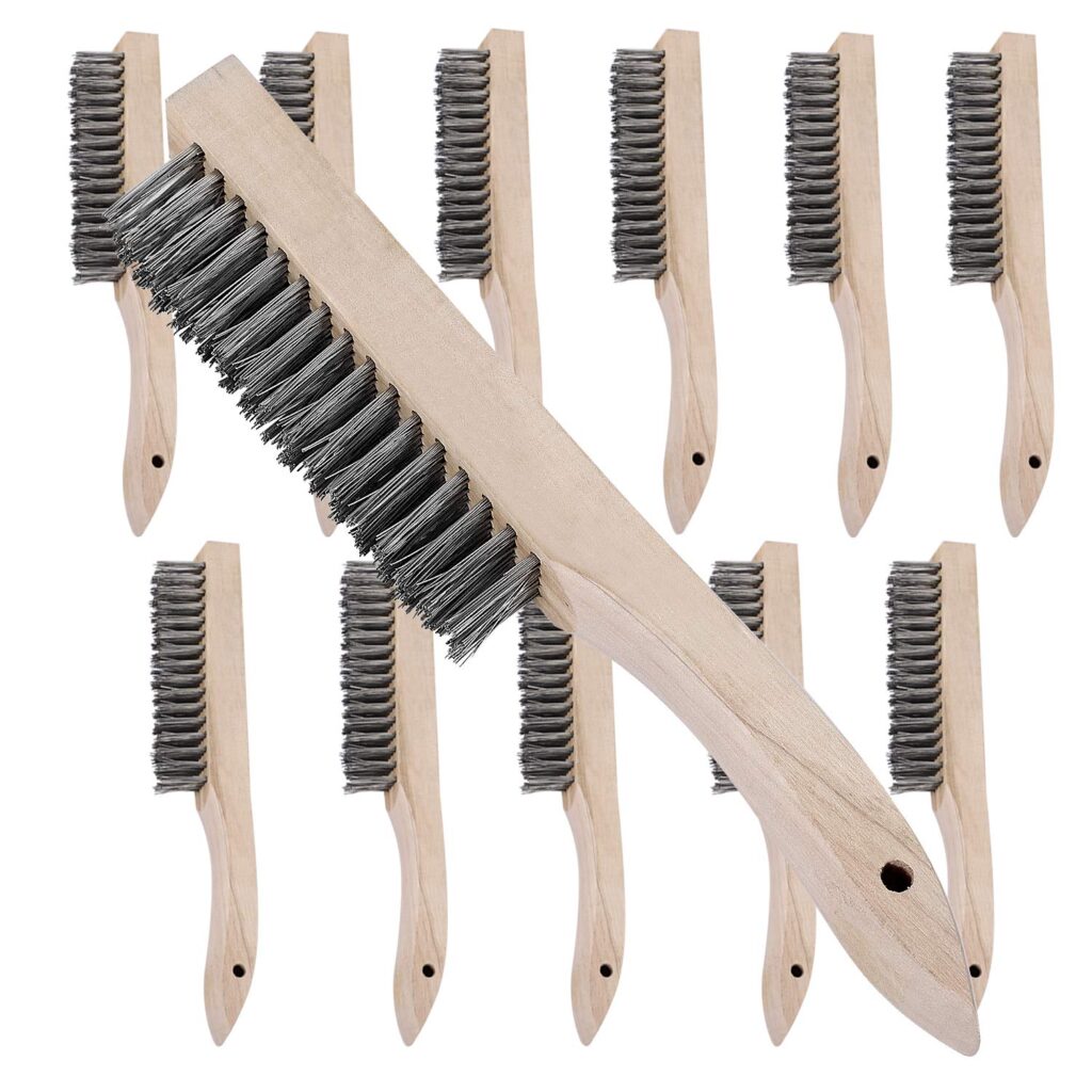 ^ 3-ROW 43 TUFT CONVERGING - S/STEEL FLEXOVIT SCRATCH BRUSHES - WOODEN HANDLE