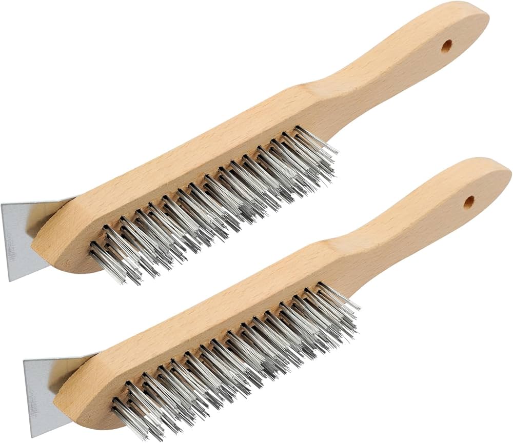 3-ROW 54 TUFT - S/STEEL FLEXOVIT SCRATCH BRUSHES - WOODEN HANDLE