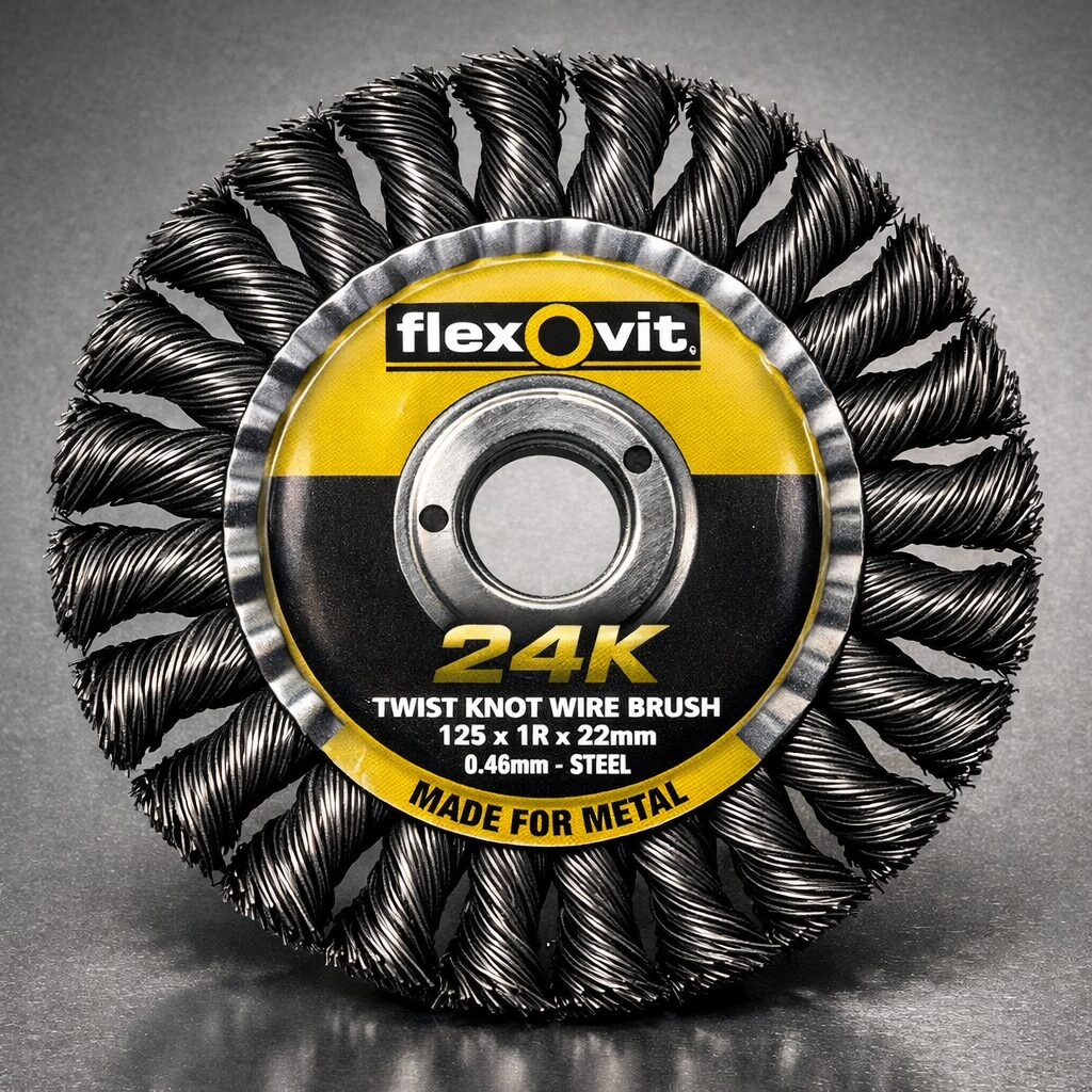 ^ 125 x 1R x 22mm 0.46 24K FLEXOVIT WIRE WHEEL BRUSHES TWIST KNOT – STEEL