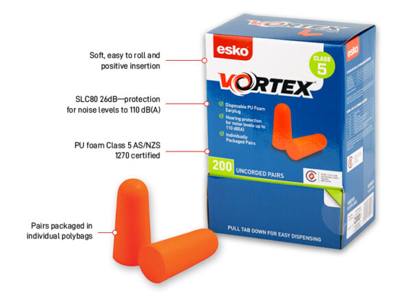 ORANGE Vortex Disposable Earplugs foam uncorded 26dB Box 200pairs, Class 5